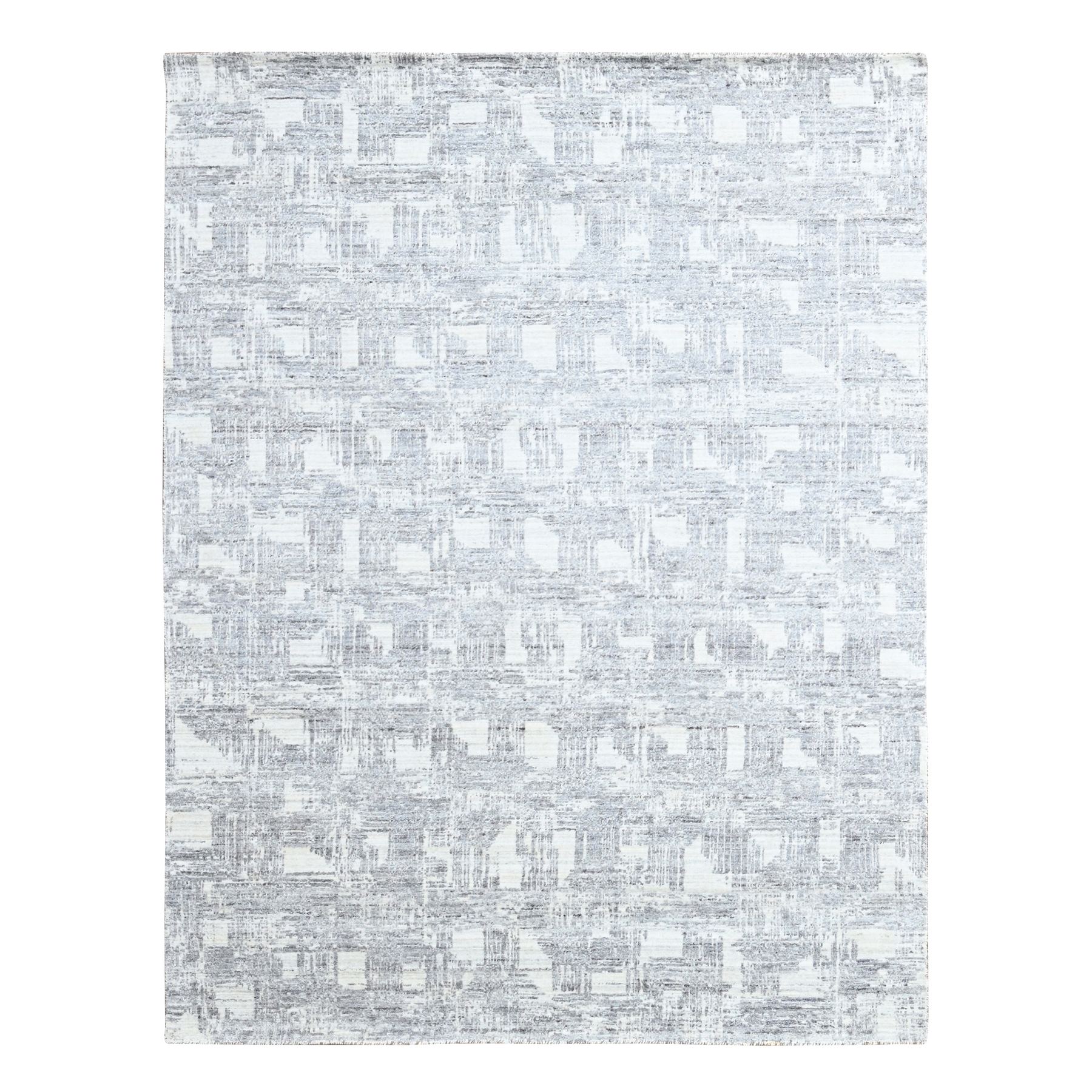 Chiffon White, Hand Loomed, Wool and Plant Based Silk, Textured Pile, Modern Grid Like Design, Oriental Rug